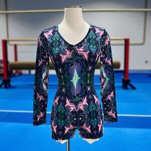 Artscow Bodysuit Small Geometric Print Romper Long Sleeve Festival Y2K Retro